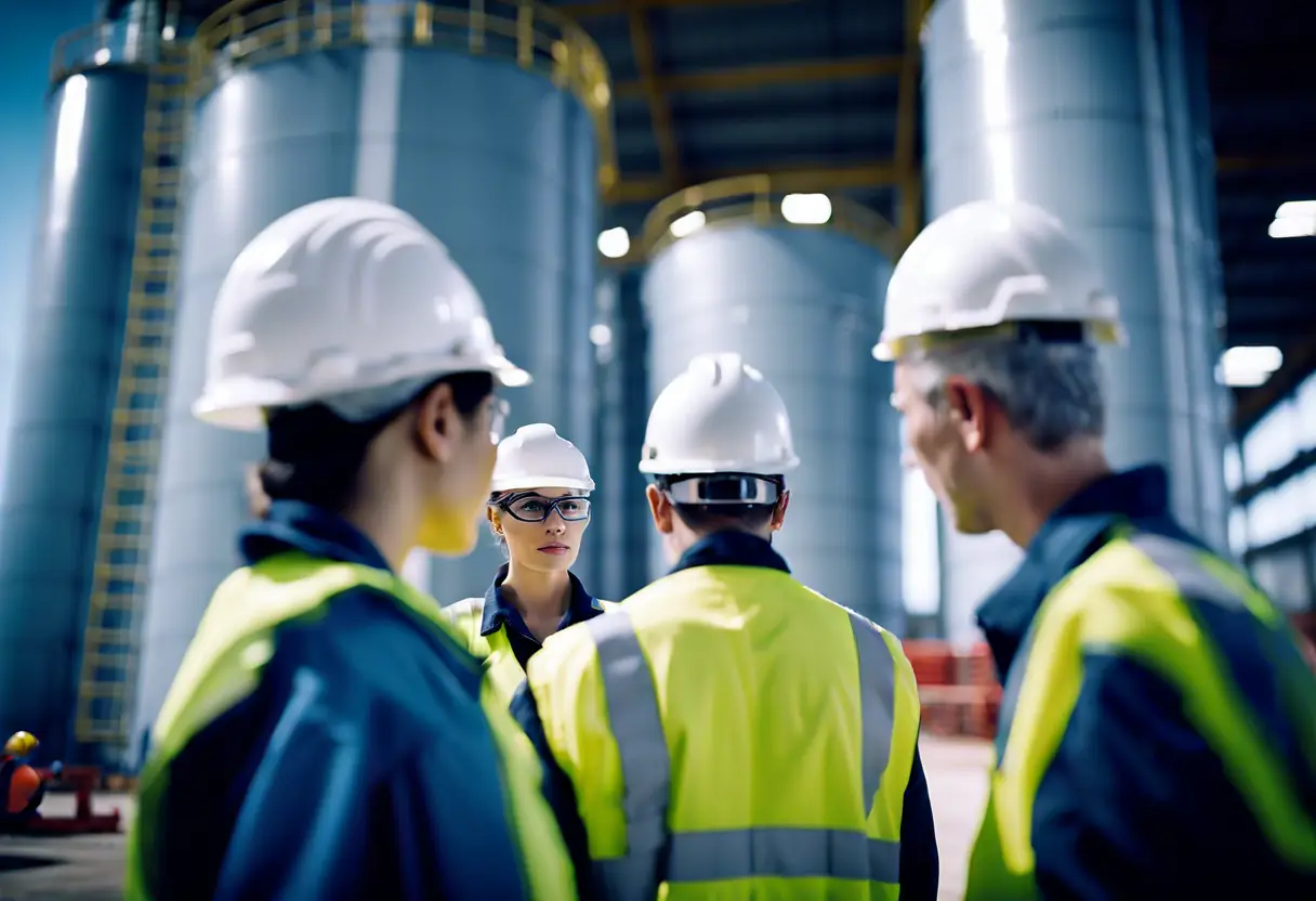 A team of professionals conducting safety inspections at a tank farm.