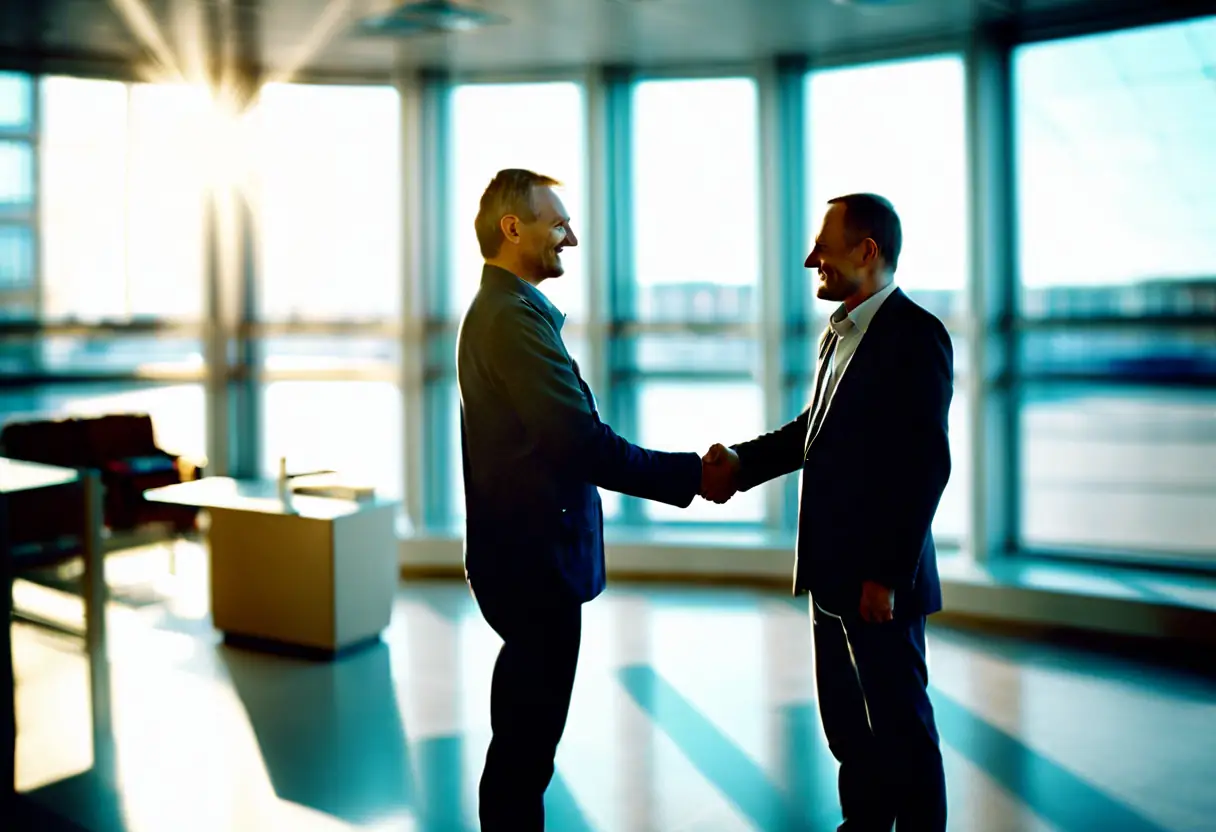 A satisfied client shaking hands with a UVAROVSK TERMINAL representative in an office.
